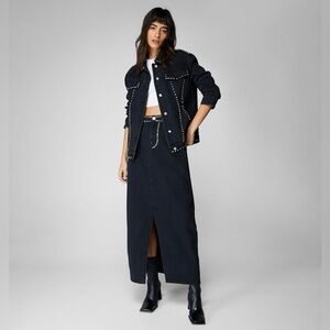 NWT Nasty Gal Stud Embellished Denim Maxi Skirt Slit Punk Rock Edgy Black Sz 8